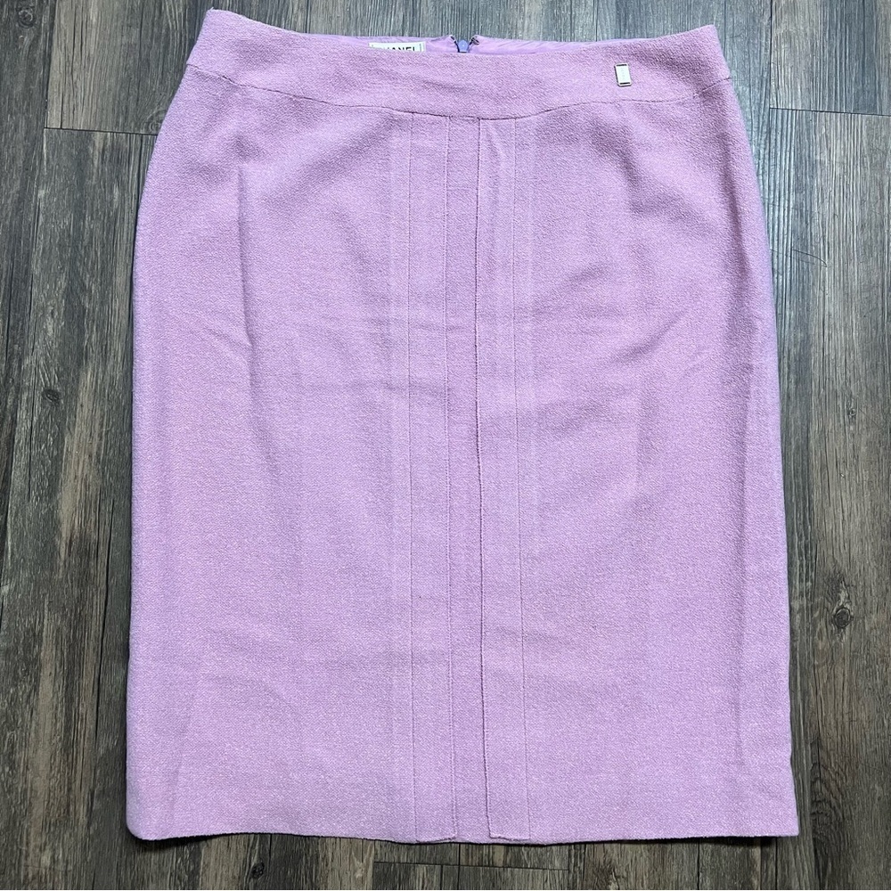 CHANEL Boutique Vtg 90s Pink Tweed Boucle Wool Midi Pencil Skirt Made France XL - Picture 6 of 14